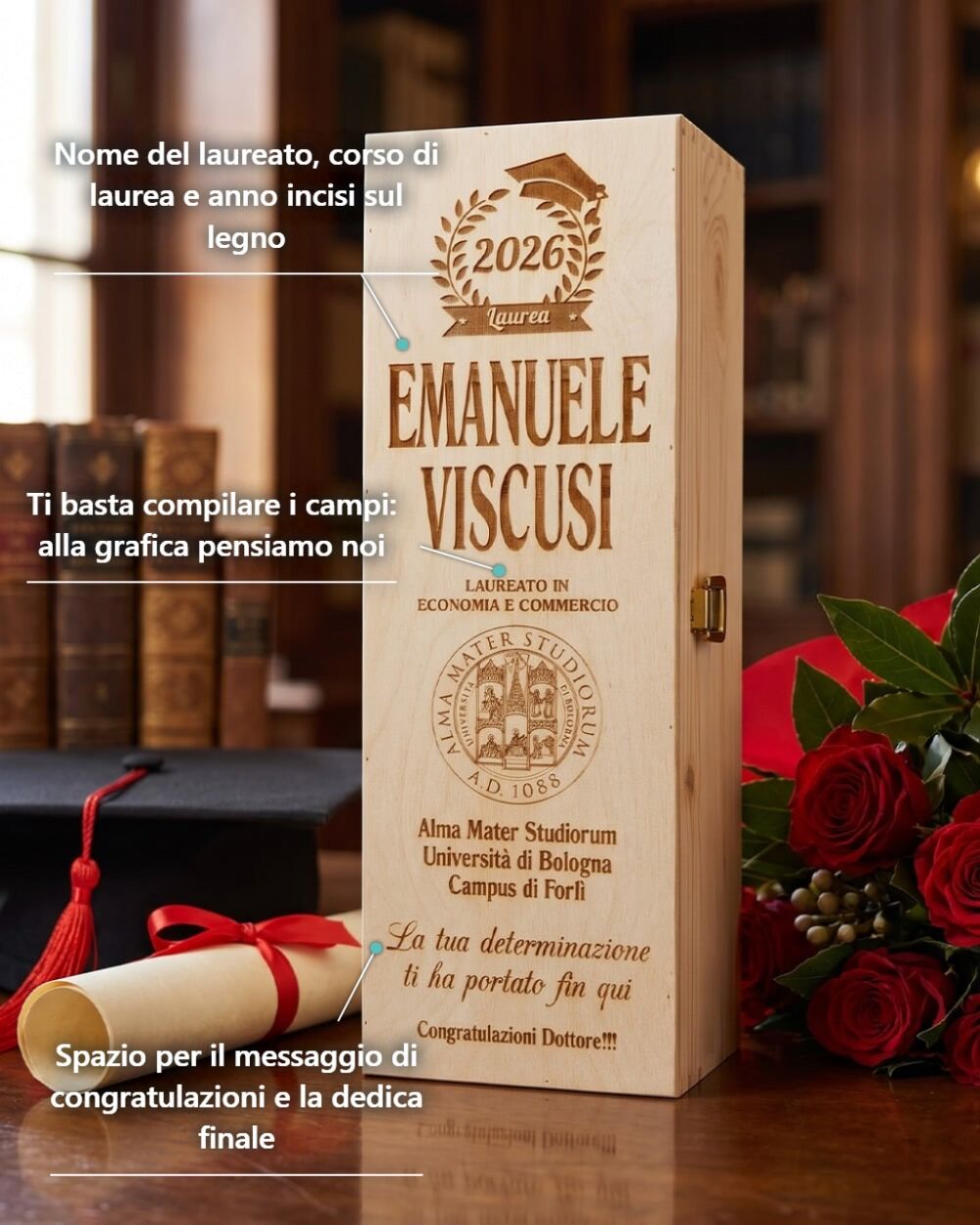 Cassettina Porta Vino in Legno Incisa Idea Regalo Laurea - immagine 3