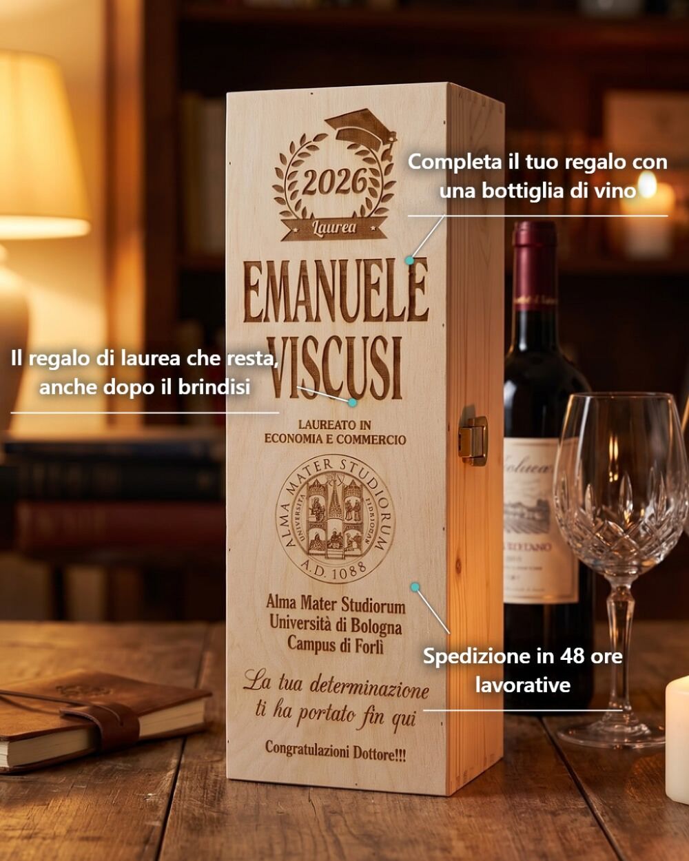 Cassettina Porta Vino in Legno Incisa Idea Regalo Laurea - immagine 4