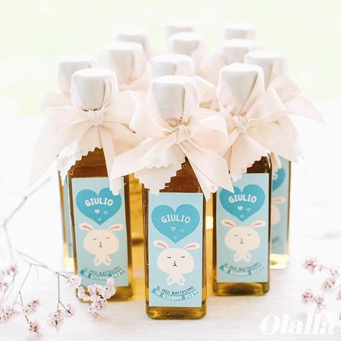 BOMBONIERE OLIO PERSONALIZZATE BOTTIGLIETTE BATTESIMO CONIGLIETTO