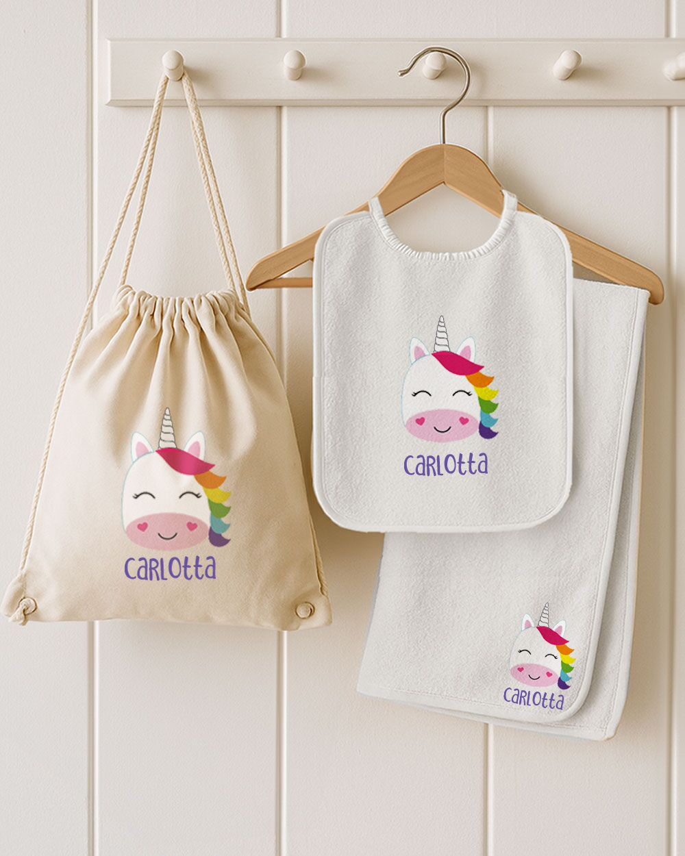 SET Asilo Zaino Sacca Borraccia Personalizzato Unicorno Bambina Bianco Nome8