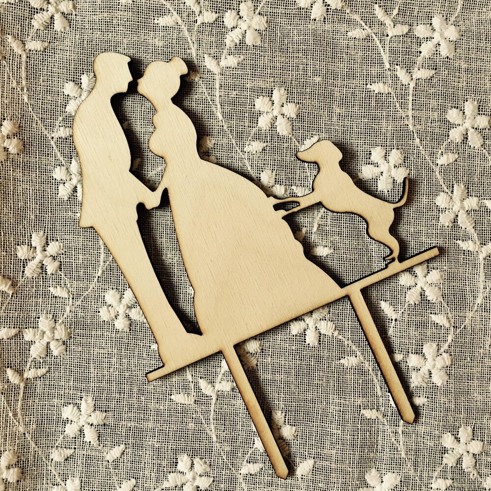 cake-topper-sposini-con-cane-legno-bronzato-fatto-mano