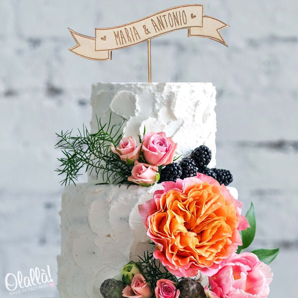 Cake Topper Personalizzato Banner di Legno con Nomi degli Sposi - immagine 2
