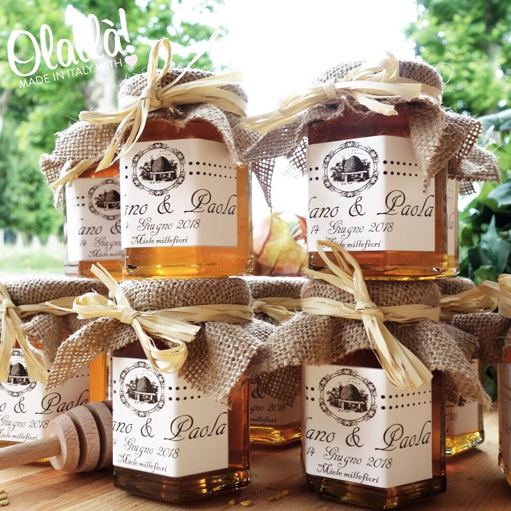 Vasetti di Miele Shabby da 40 gr con Etichetta Vintage Personalizzata Coprivasetto in Juta e Rafia Naturale - Idea Bomboniera Matrimonio - immagine 3