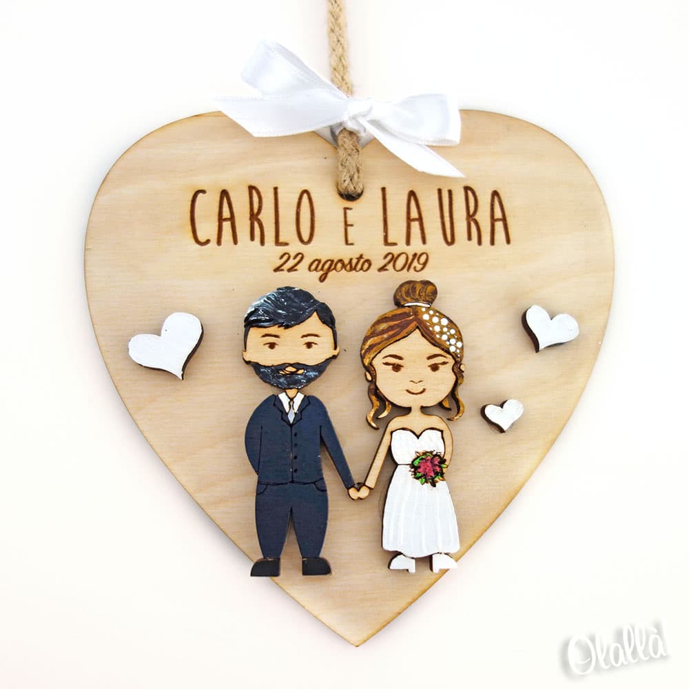 Cuore da Appendere in Legno Personalizzato con Ritratto Sposi "Mini-me" - Regalo Matrimonio - immagine 8