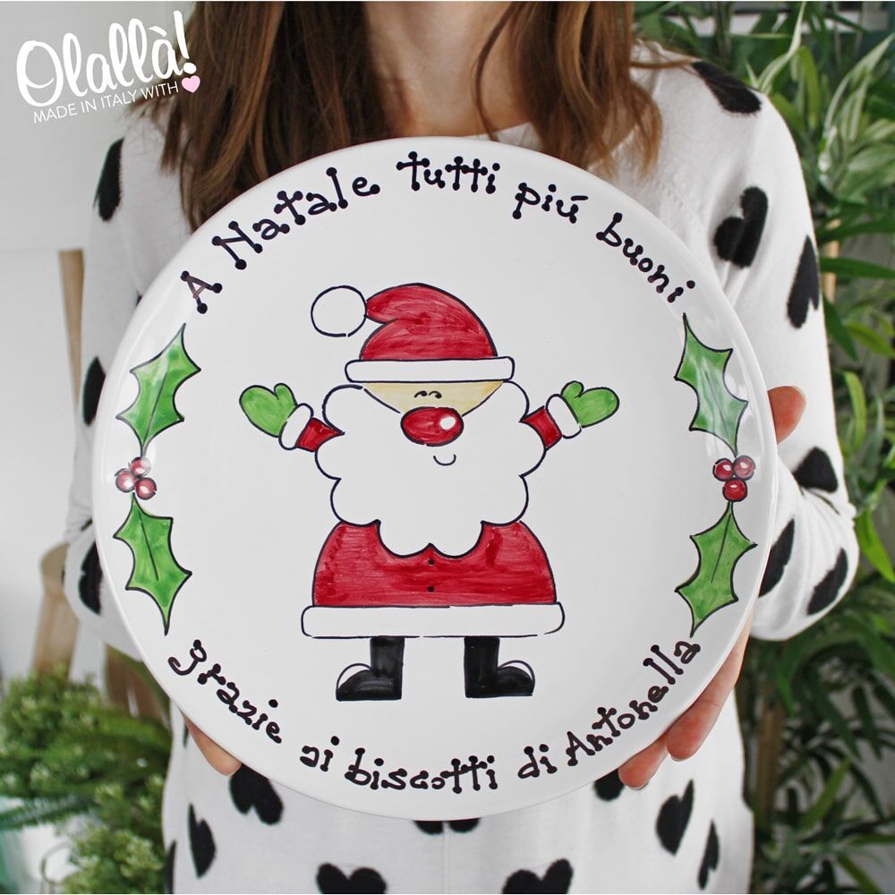 Piatto in Ceramica Dipinto a Mano Personalizzato con le Tue Parole e Babbo Natale - Regalo Natale - immagine 2