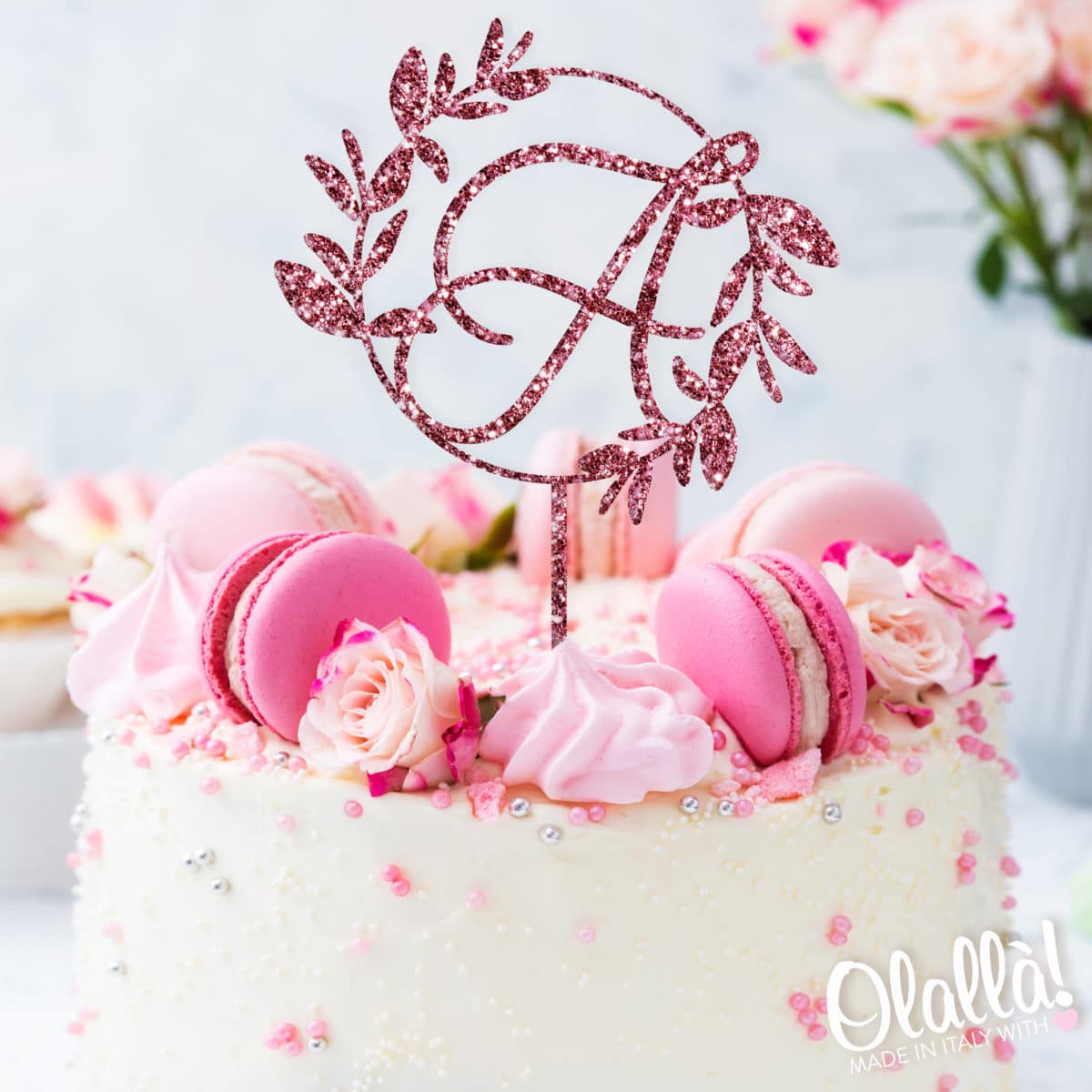 Cake Topper Personalizzato Con Iniziale e Decorazione Corona Alloro - Decorazione Laurea