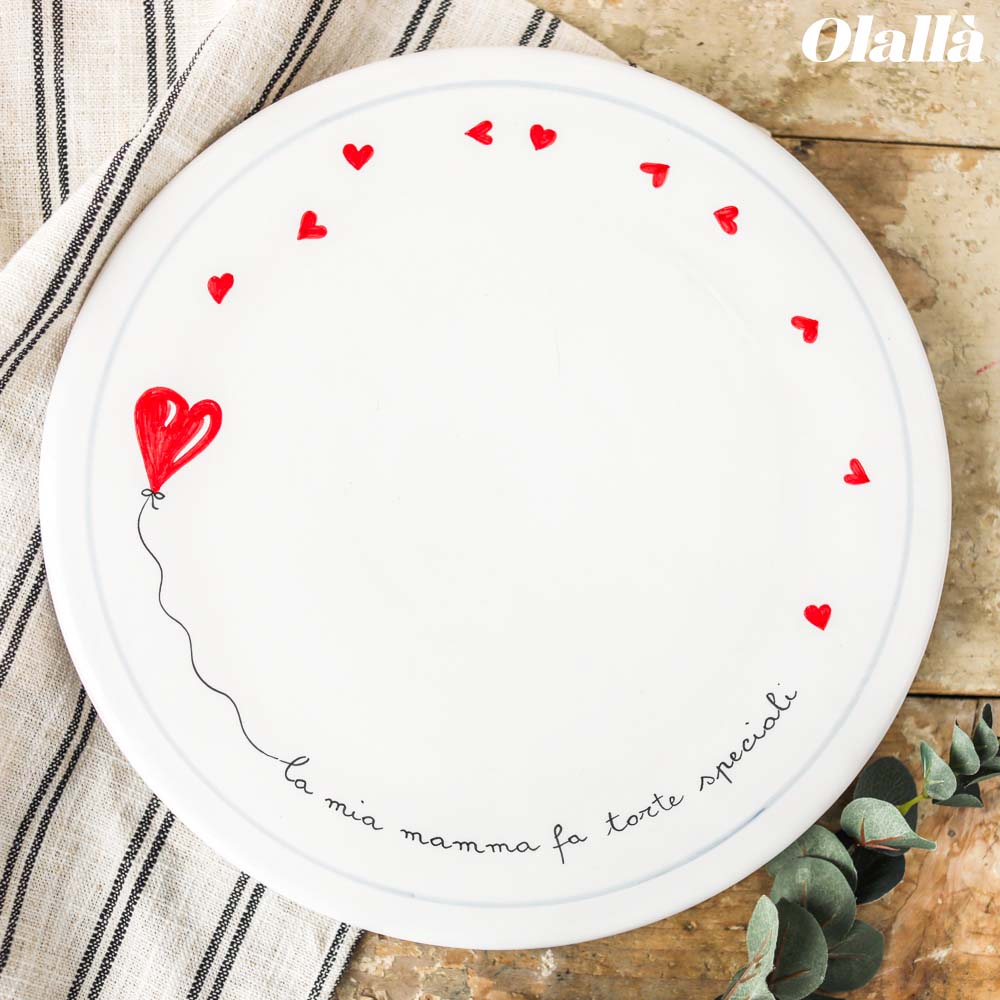 Piatto da Torta Personalizzata con Frase a Scelta in Ceramica Dipinta a Mano con Cuoricini