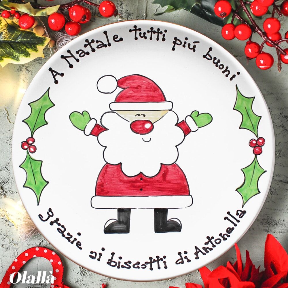 Piatto in Ceramica Dipinto a Mano Personalizzato con le Tue Parole e Babbo Natale - Regalo Natale