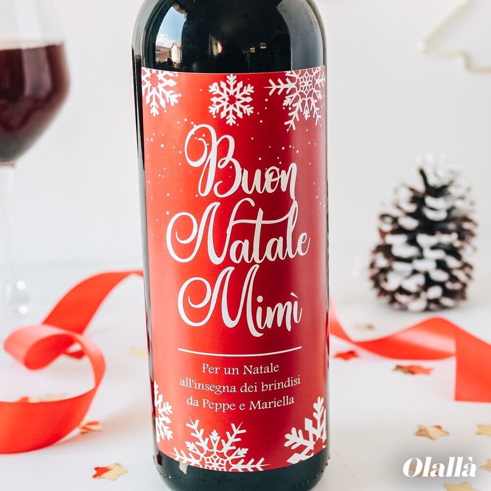 Bottiglia Personalizzata "Buon Natale" con Etichetta Rossa con Fiocchi di Neve - Idea Regalo Natale - immagine 3