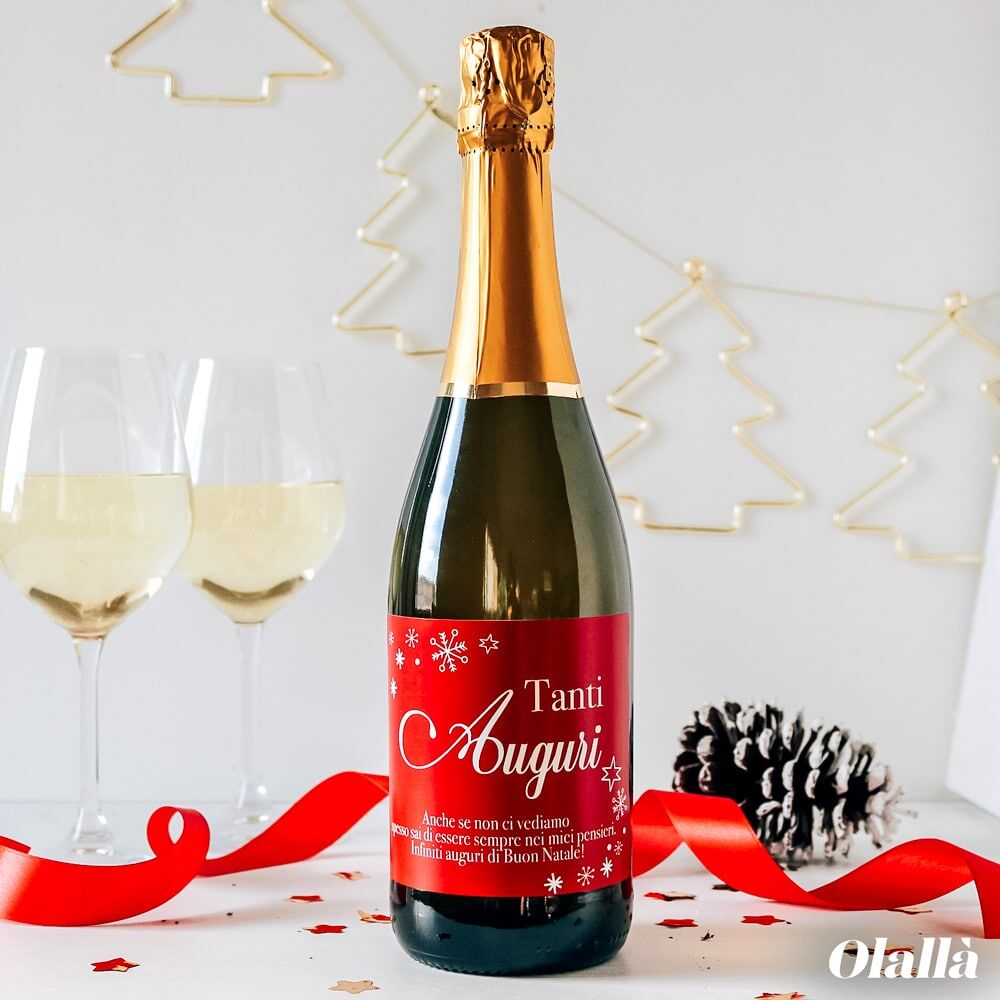 Bottiglia Elegante con Etichetta Rossa "Tanti Auguri" Personalizzabile con Dedica - Idea Regalo Natale