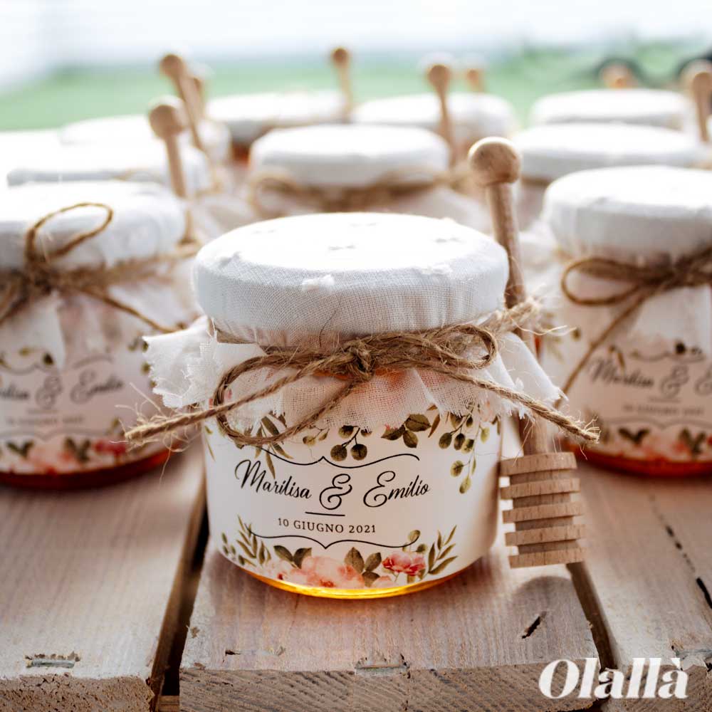 Vasetti di Miele 250 gr con Etichetta Floreale, Tessuto con Ricamo e Spago Idea Bomboniera Matrimonio - immagine 3