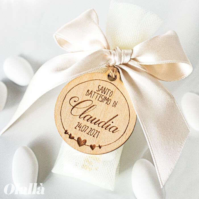 Sacchettino Portaconfetti con Tag in Legno Personalizzata Tonda Elegante
