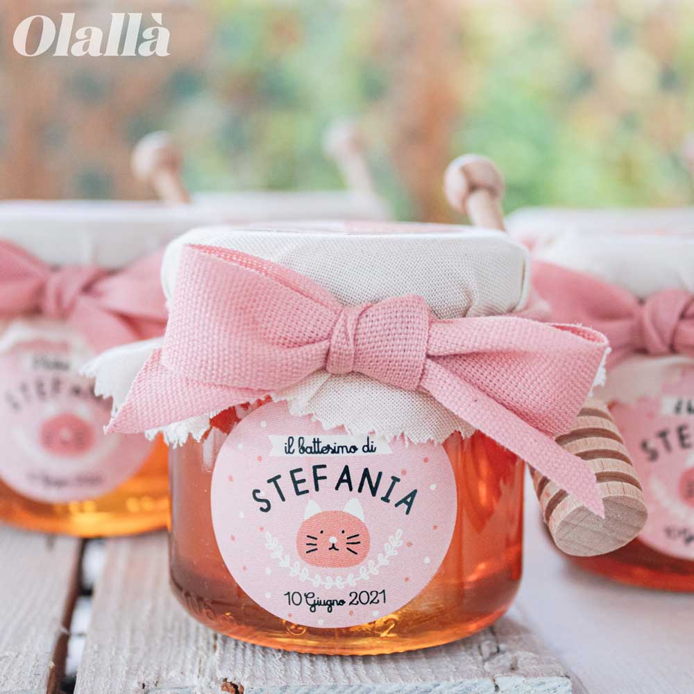 Vasetti di Miele 40 gr con Etichetta Rosa Personalizzata con Simpatici Animali Idea Bomboniera Battesimo