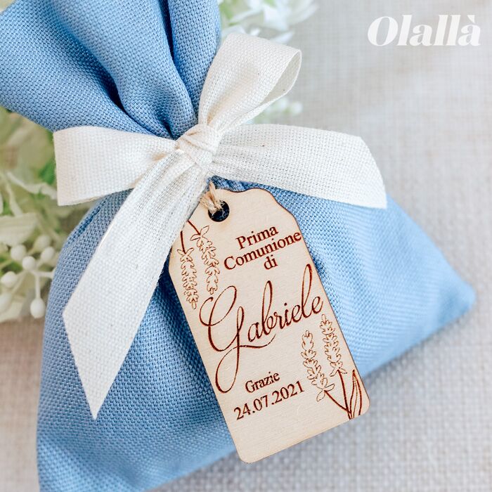 Tag in Legno per Bomboniera Personalizzata con Fiori e Nome