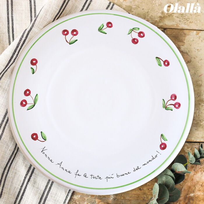 Piatto da Torta con Decoro Ciliegie Personalizzata con Frase a Scelta in Ceramica