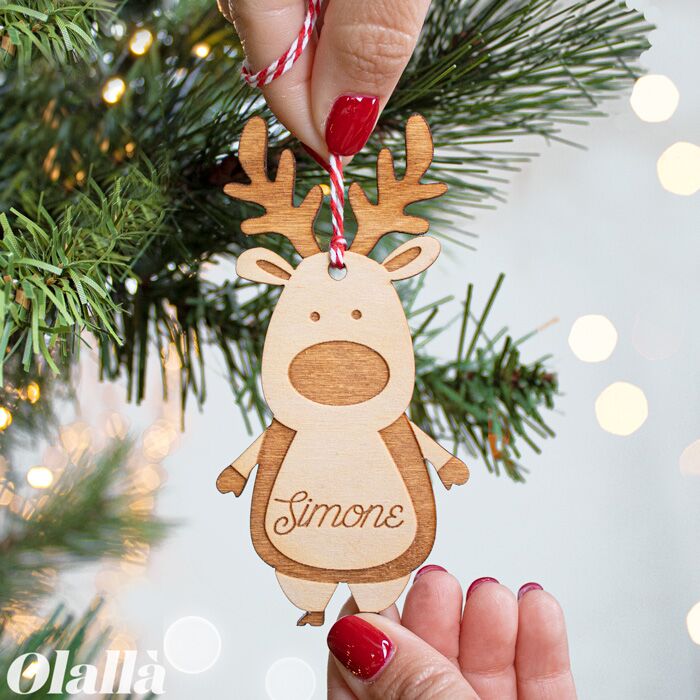 Decorazione di Legno da Appendere all'Albero di Natale Personalizzata - Renna Rudolph