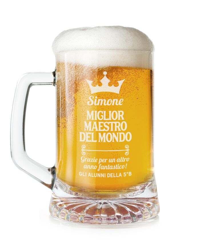 Boccale da Birra Personalizzato con Corona e Dedica "Miglior Maestro del Mondo" - Idea Regalo Maestro o Professore per Fine Anno o Compleanno - immagine 2