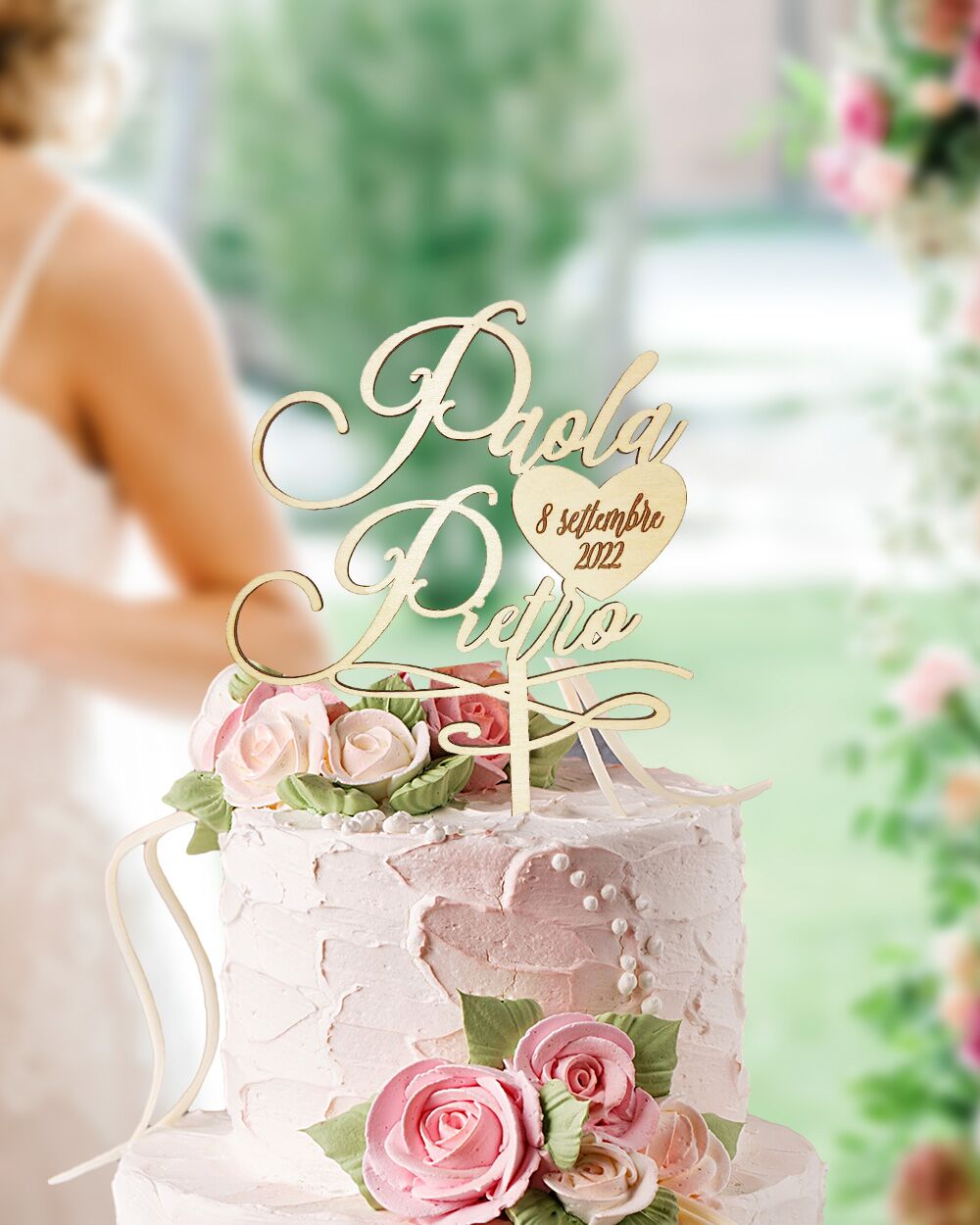 Cake Topper Personalizzato - Con Nomi Svolazzanti e Cuore con Data