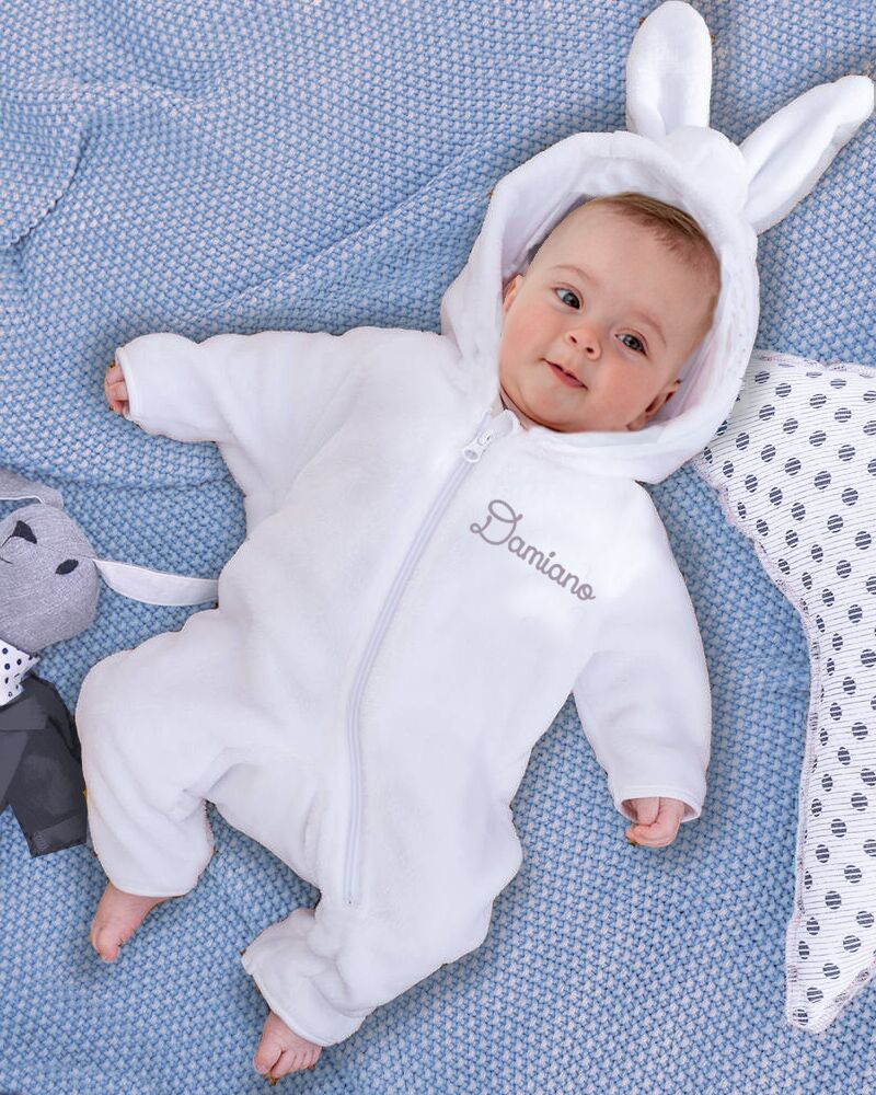 Tuta Neonato di Peluche con Orecchie Coniglietto per Neonato Personalizzata con Nome