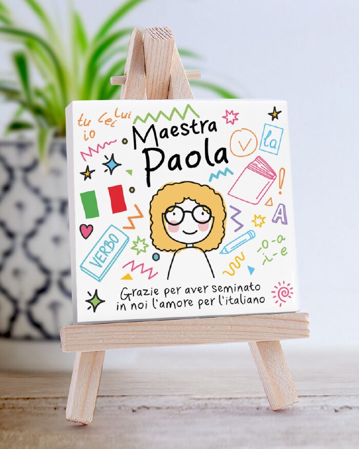 Piastrella di Ceramica Personalizzata per la Maestra di Italiano con Nome, Dedica e Omino Stilizzato – Idea Regalo Maestra, Fine Anno Scolastico