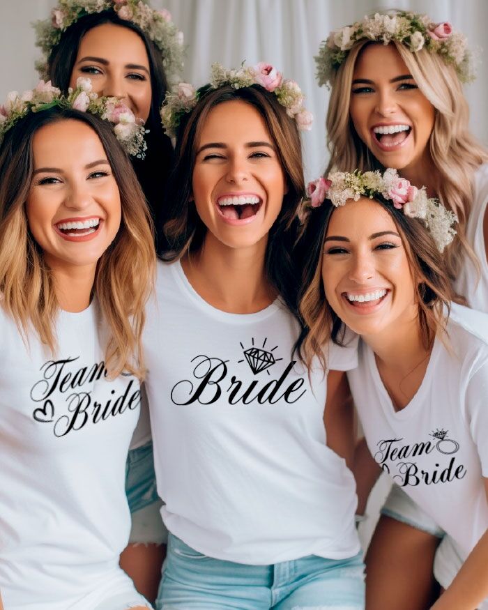 Set di 5 Magliette T-shirt Coordinate “Bride” e "Team Bride" con Diamante – Idea Regalo Addio al Nubilato, Sposa e Amiche della Sposa - immagine 2