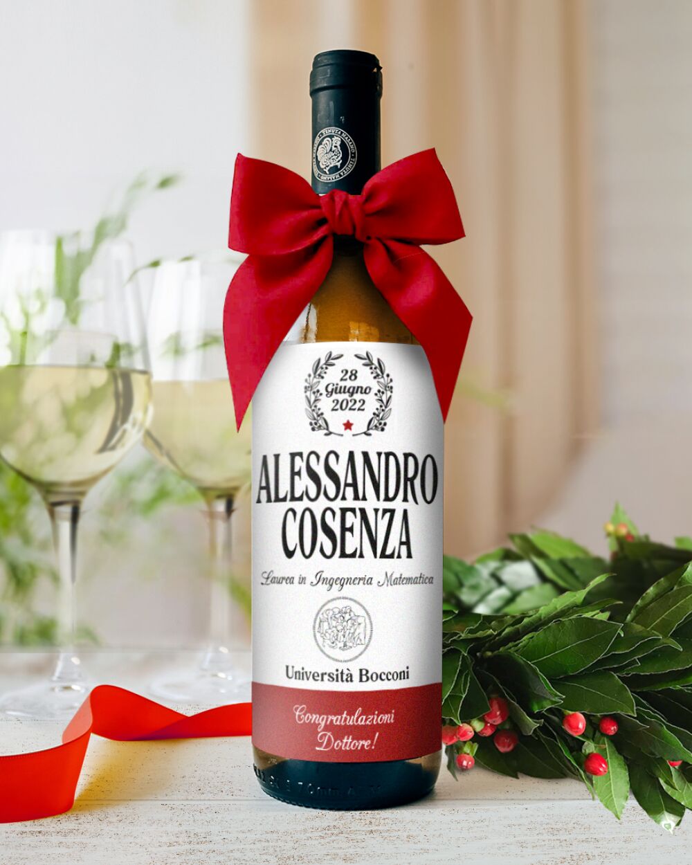 Bottiglia di Vino Personalizzata con Nome, Logo Università e Data - Idea Regalo Laurea