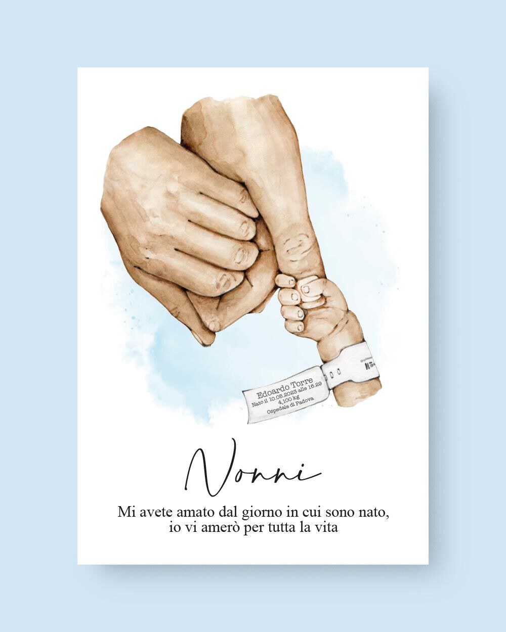Illustrazione Stampa Digitale Mani Nonni e Nipote con Sfumatura Rosa Personalizzata con Dati di Nascita e Dedica - Idea Regalo per Neo Nonni, Festa dei Nonni - immagine 2