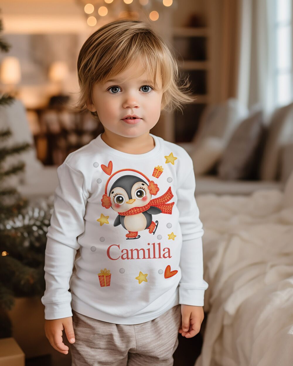 Maglietta Natalizia per Bambino con Tenero Animale di Natale, Stelline, Personalizzata con Nome - immagine 8