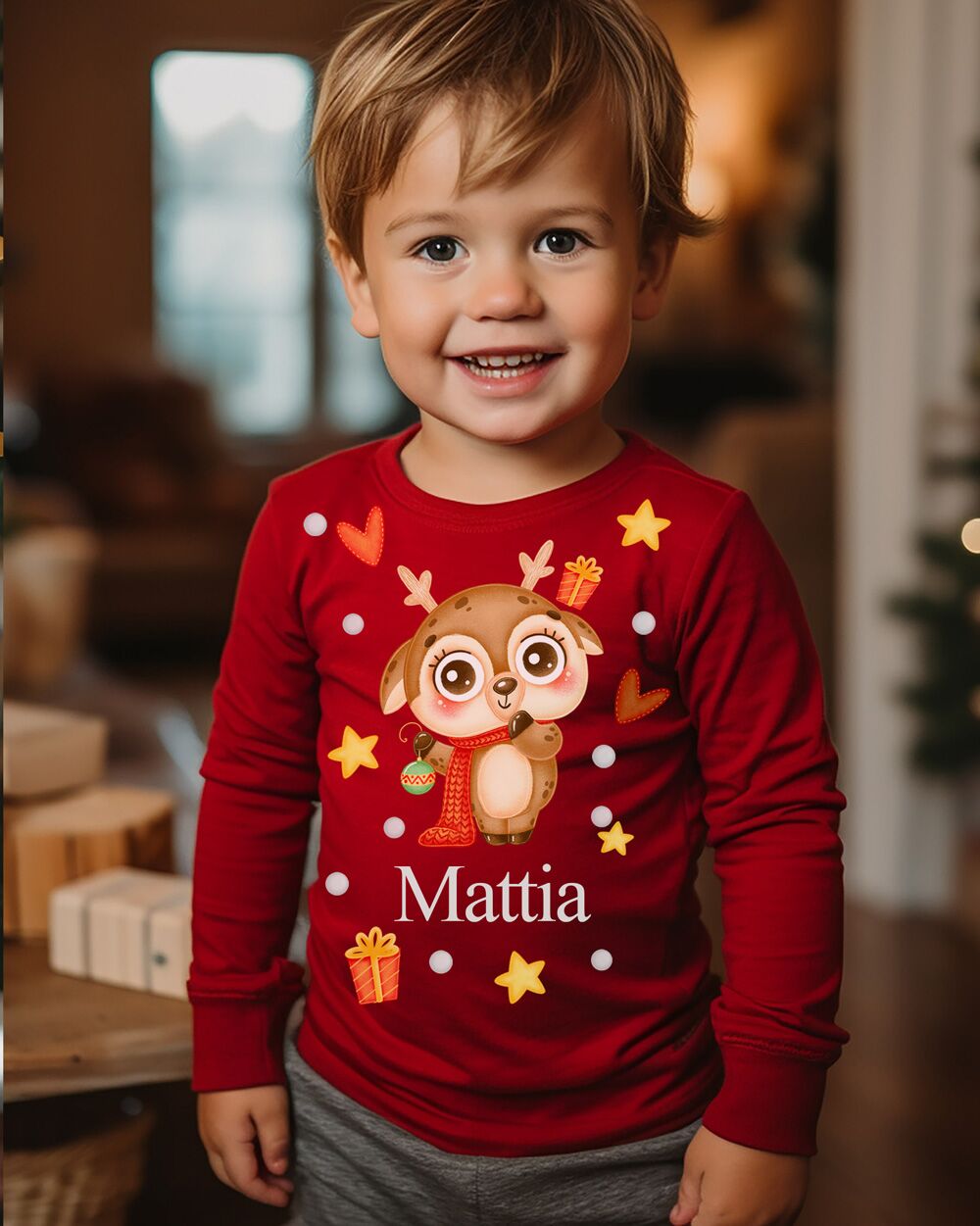 Maglietta Natalizia per Bambino con Tenero Animale di Natale, Stelline, Personalizzata con Nome - immagine 5