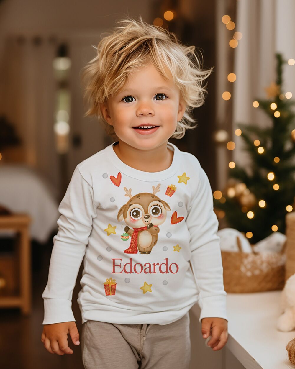 Maglietta Natalizia per Bambino con Tenero Animale di Natale, Stelline, Personalizzata con Nome - immagine 7