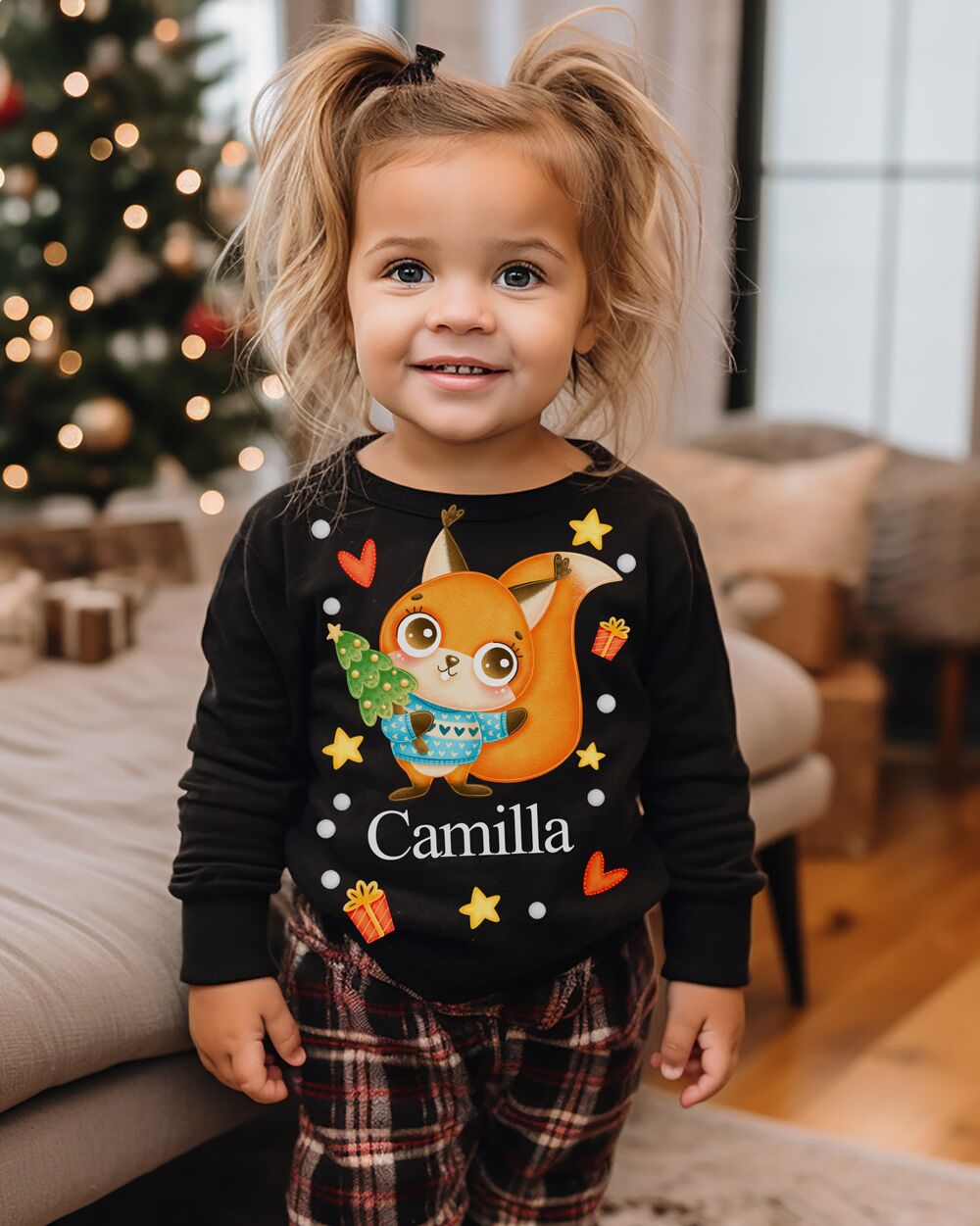 Maglietta Natalizia per Bambino con Tenero Animale di Natale, Stelline, Personalizzata con Nome - immagine 9