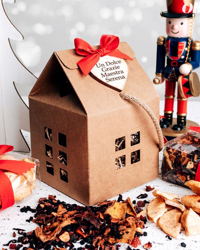Gift Box Gastronomica a forma di Casetta con Tisana a Scelta e Miele Italiano - Idea Regalo di Natale per Maestre