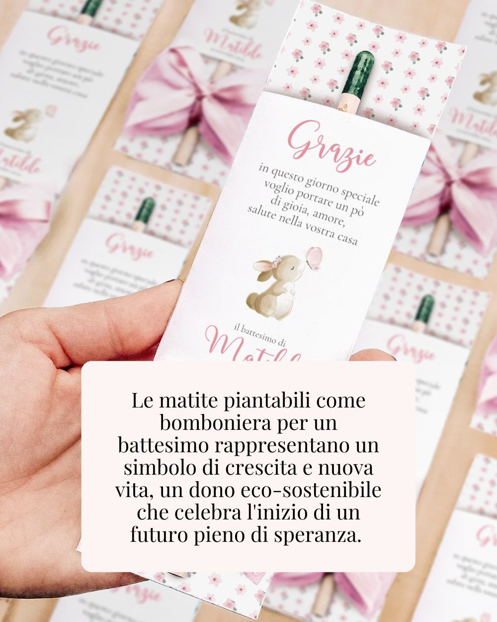 Matite Piantabili con Cartoncino Personalizzato Coniglietto Rosa - Idea Bomboniera Botanica Green Ecologica Semi Fiori - immagine 10