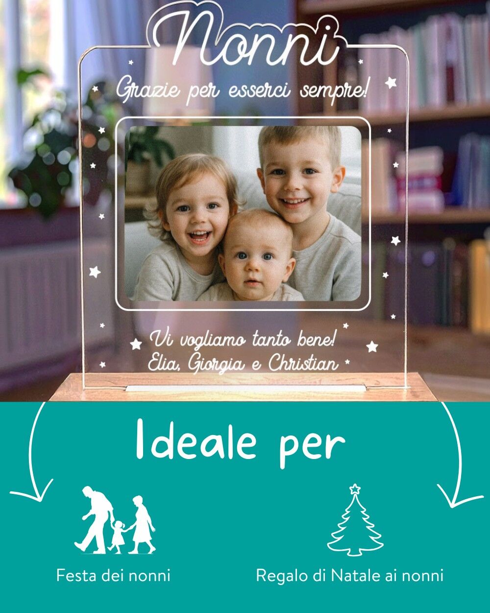 Lampada a Led Placca in Plexiglass "Nonna" Personalizzata con Foto, Nomi e Dedica - Idea Regalo per la Nonna, Festa dei Nonni - immagine 6