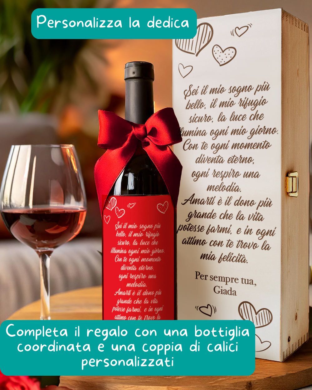 Cassettina Porta Vino in Legno Personalizzata con la tua Frase d'Amore - Idea Regalo San Valentino - immagine 2