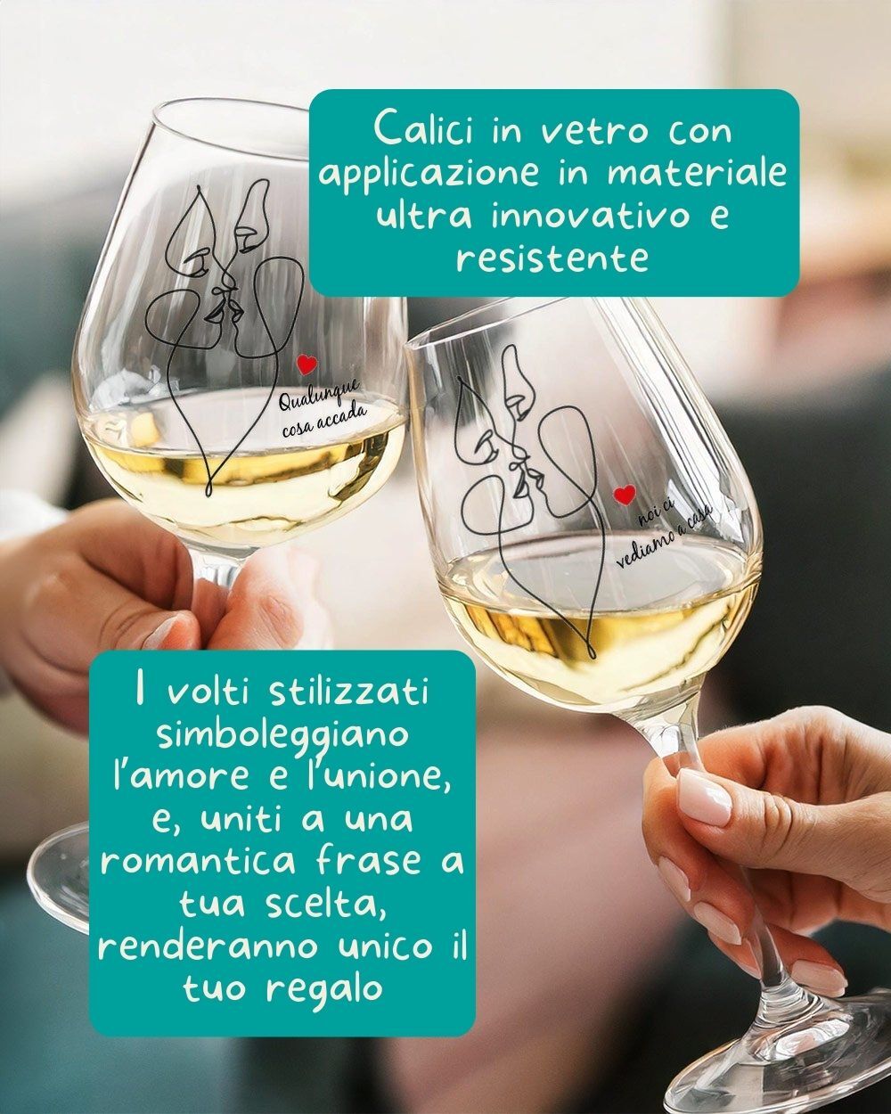 Coppia di Calici con Innamorati Stilizzati e Decorazione a Cuore Personalizzati con Dedica - Idea Regalo per San Valentino - immagine 2