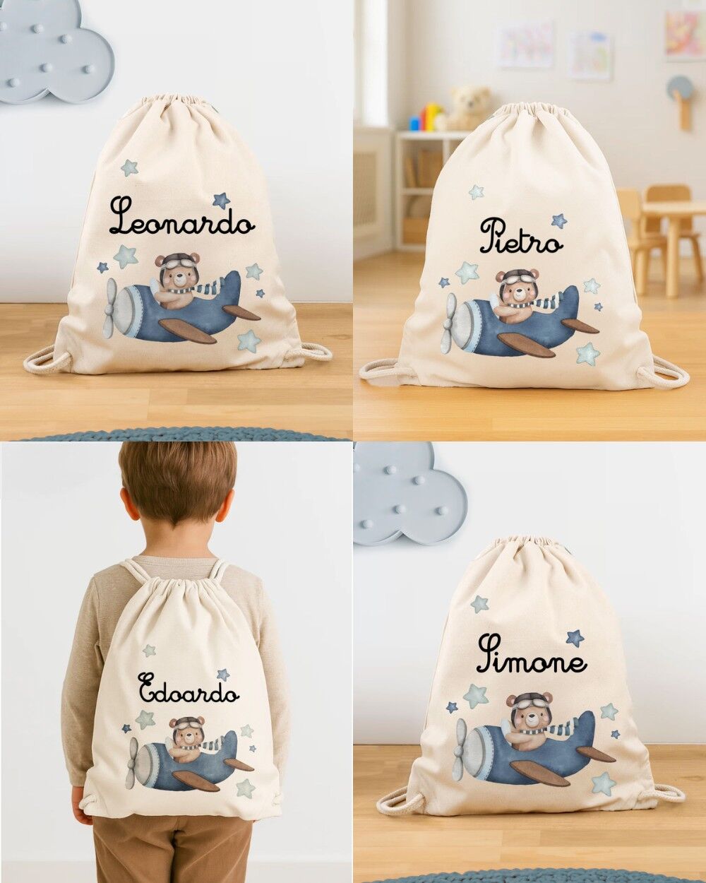 Sacca Asilo Scuola con Lacci Personalizzata con Nome e Orsetto Viaggiatore – Idea Regalo per Bambino, per Scuola e Asilo, Primo Compleanno - immagine 11