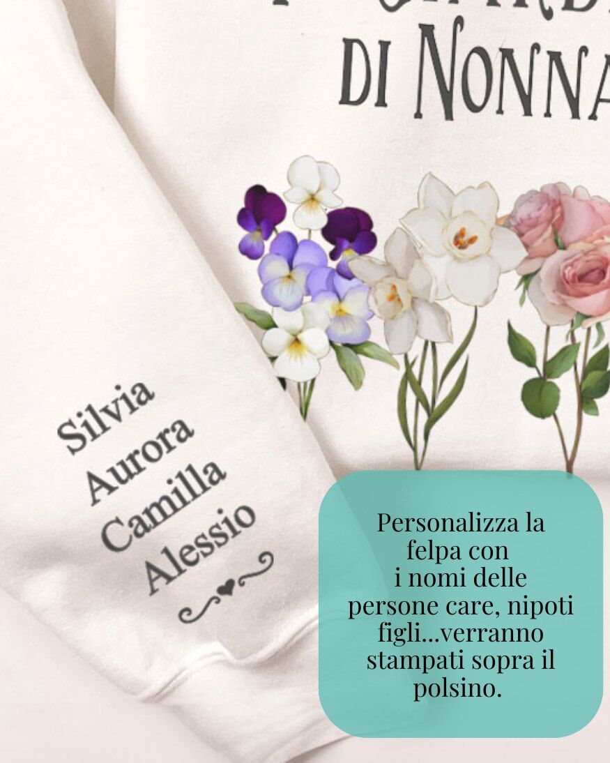 Felpa "Il Giardino di Nonna", Personalizzata con Fiori del Mese di Nascita e Nomi - Idea Regalo per la Nonna, Festa dei Nonni, Compleanno - immagine 4