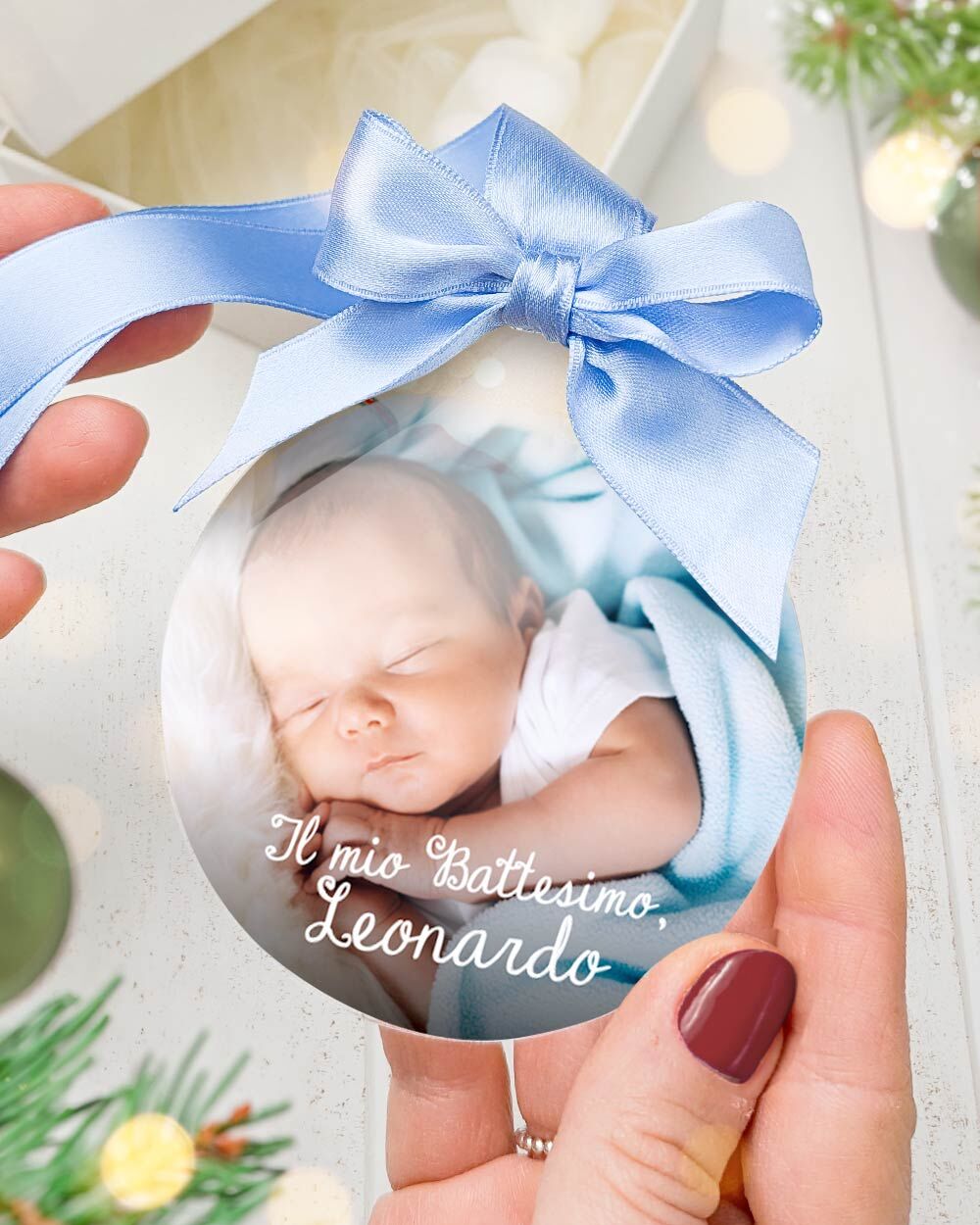 Bomboniera Natalizia Invernale, con Pallina di Natale Personalizzata con Foto e Nome - Idea Bomboniera Battesimo - immagine 2