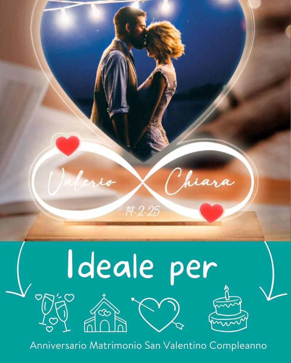 Lampada Personalizzata con Foto, a Forma di Cuore con Simbolo dell'Infinito, con Nomi e Data - Idea Regalo San Valentino, Anniversario - immagine 3