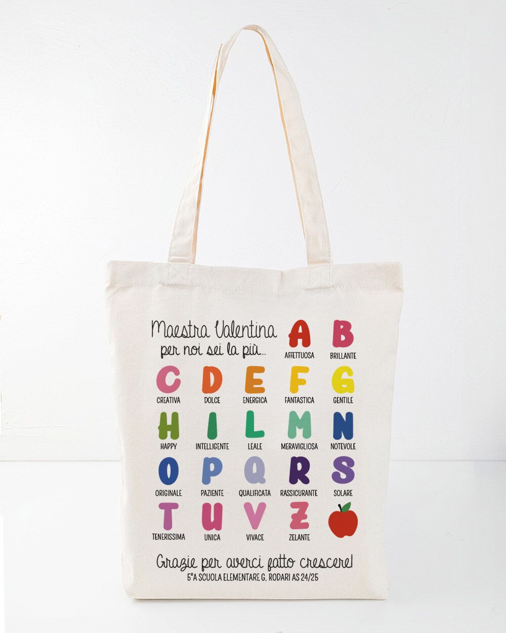 Borsa Shopper Personalizzata Alfabeto "Maestra per Noi Sei la Più" con Aggettivi e Dedica - Idea Regalo Maestre, Fine Anno - immagine 7