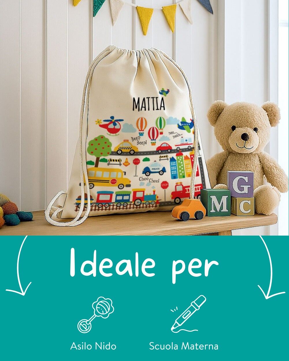 Sacca Asilo con Lacci Personalizzata con Nome e Mezzi di Trasporto – Idea Regalo per Bambini, Ritorno a Scuola e Asilo, Back to School - immagine 5