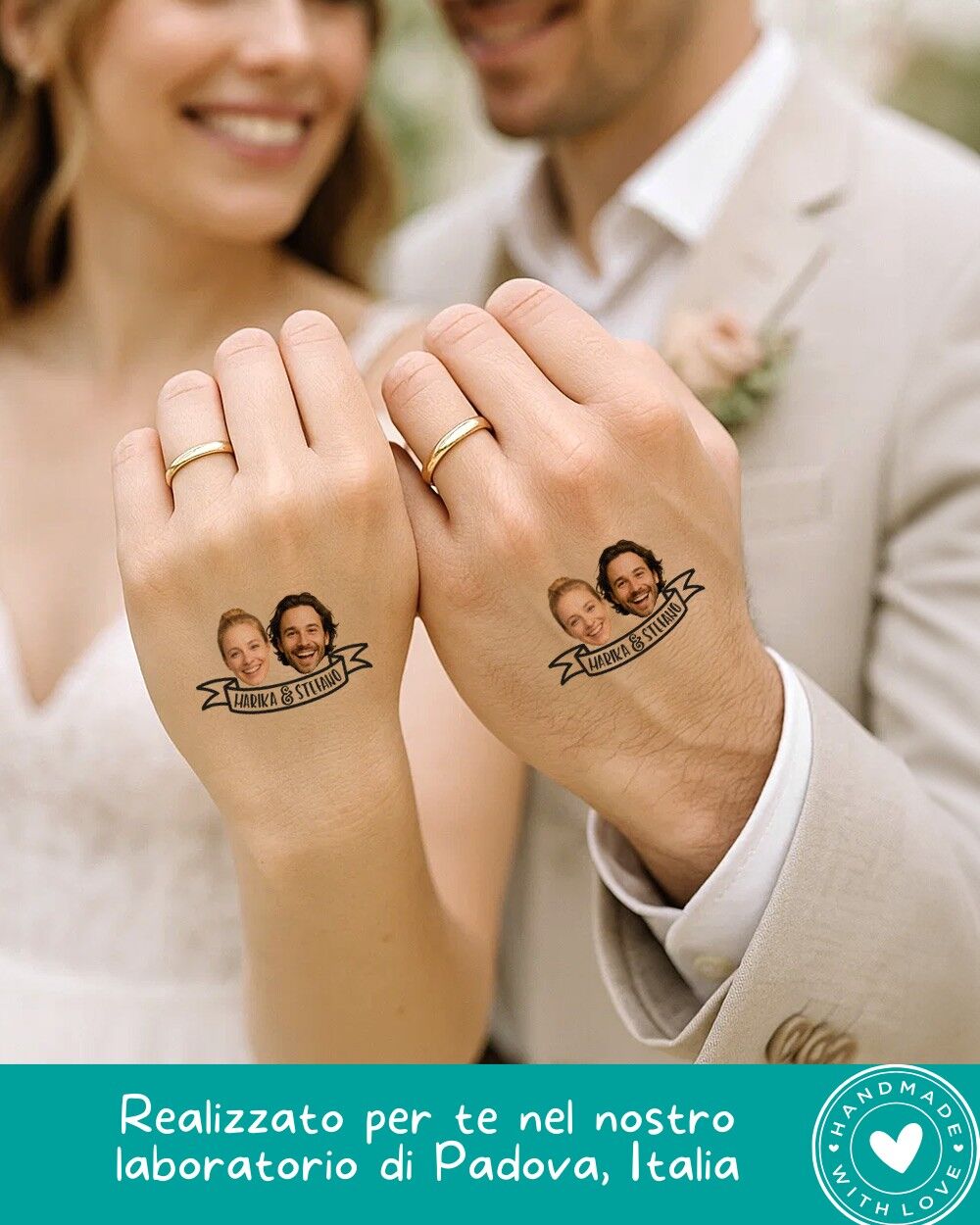 Tatuaggio Temporaneo Personalizzato con Faccia degli Sposi e Nomi - Idea Regalo, Accessorio, Gadget Divertente Matrimonio, Addio al Nubilato - immagine 4
