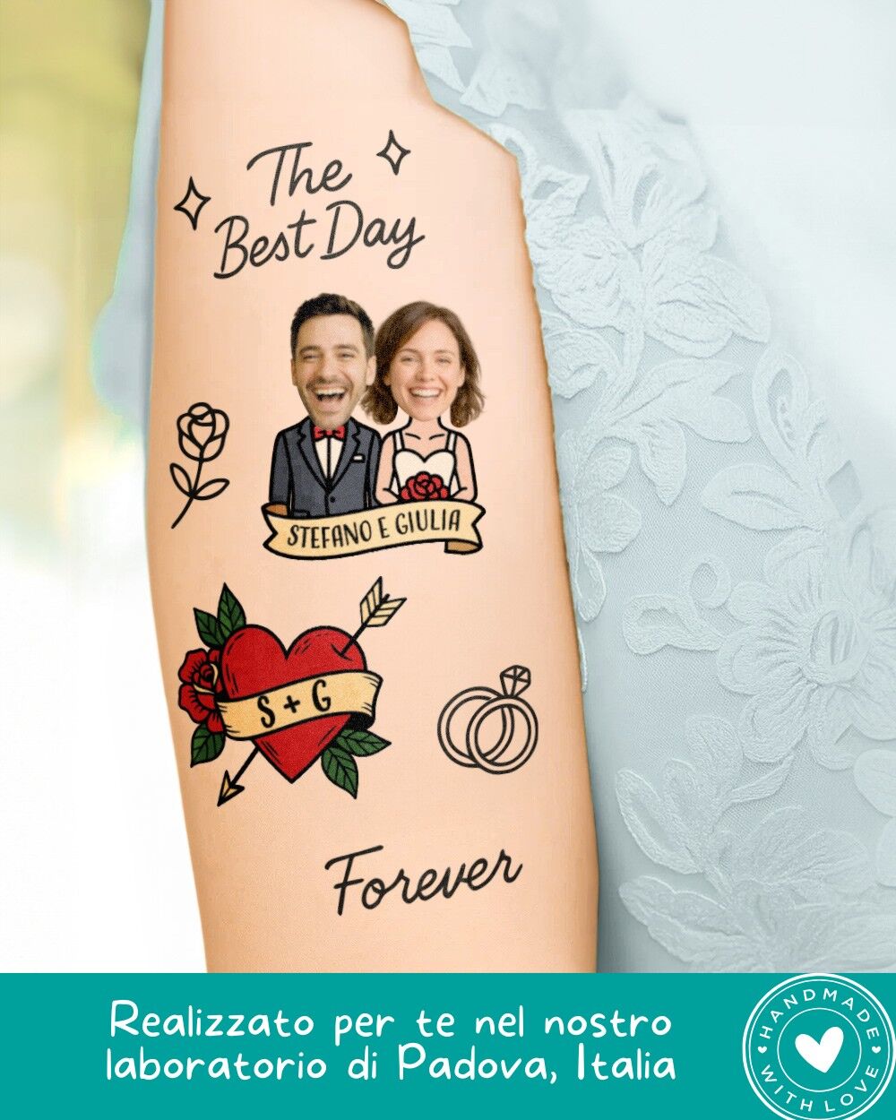 Set di 67 Tatuaggi Assortiti per Tattoo Station, Personalizzati con Foto degli Sposi e Nomi - Idea Regalo, Accessorio, Gadget Divertente Matrimonio, Addio al Nubilato - immagine 6