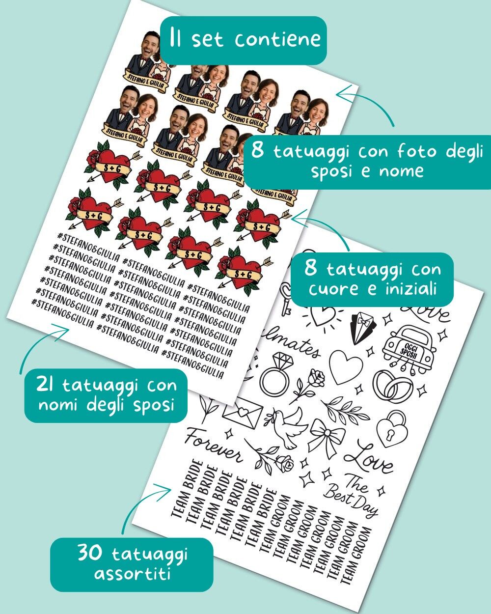 Set di 67 Tatuaggi Assortiti per Tattoo Station, Personalizzati con Foto degli Sposi e Nomi - Idea Regalo, Accessorio, Gadget Divertente Matrimonio, Addio al Nubilato - immagine 2