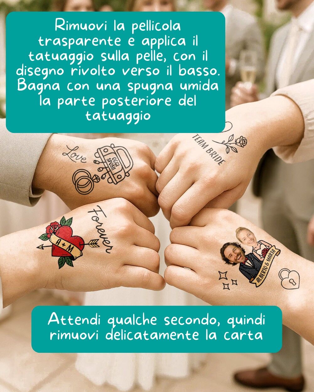 Set di 67 Tatuaggi Assortiti per Tattoo Station, Personalizzati con Foto degli Sposi e Nomi - Idea Regalo, Accessorio, Gadget Divertente Matrimonio, Addio al Nubilato - immagine 3