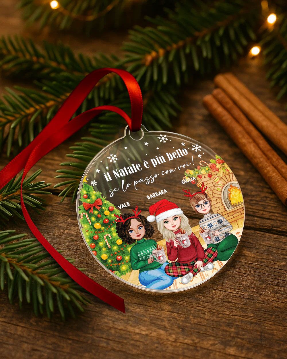 Decorazione di Natale, Pallina in Plexiglass Personalizzata con Ritratto e Caminetto - Idea Addobbo per l'Albero, Regalo di Natale per Amiche - immagine 5