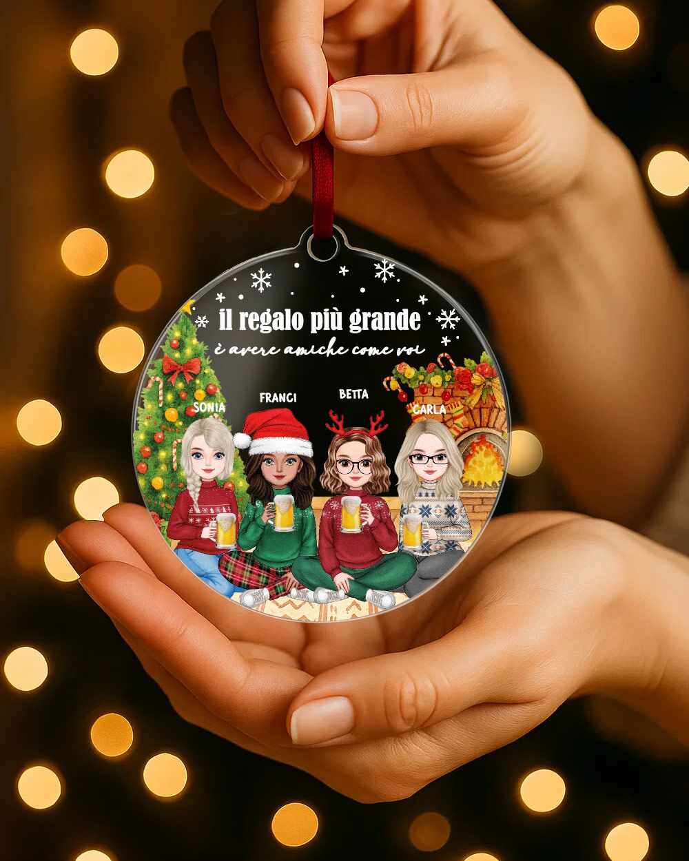 Decorazione di Natale, Pallina in Plexiglass Personalizzata con Ritratto e Caminetto - Idea Addobbo per l'Albero, Regalo di Natale per Amiche - immagine 6
