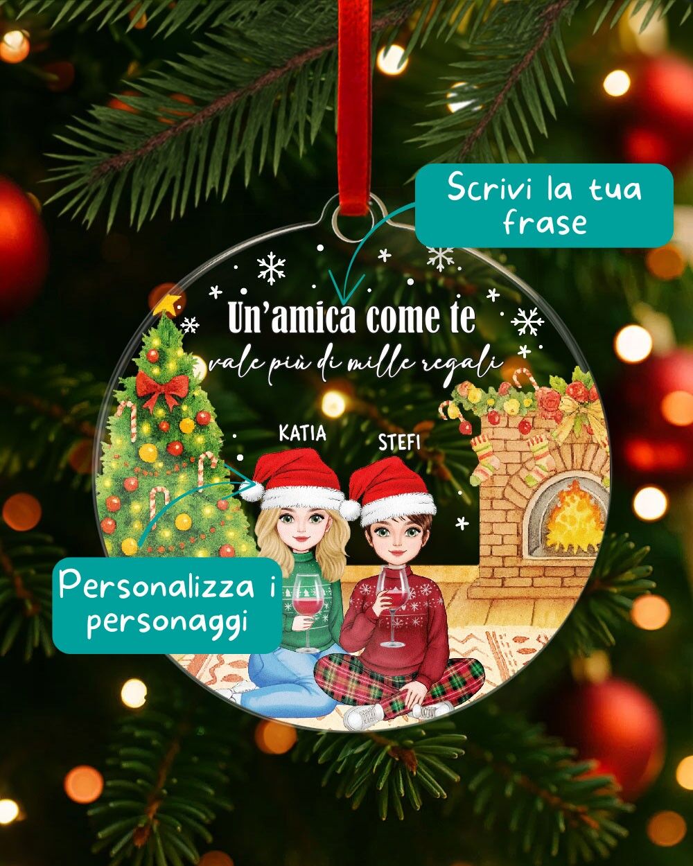 Decorazione di Natale, Pallina in Plexiglass Personalizzata con Ritratto e Caminetto - Idea Addobbo per l'Albero, Regalo di Natale per Amiche - immagine 2