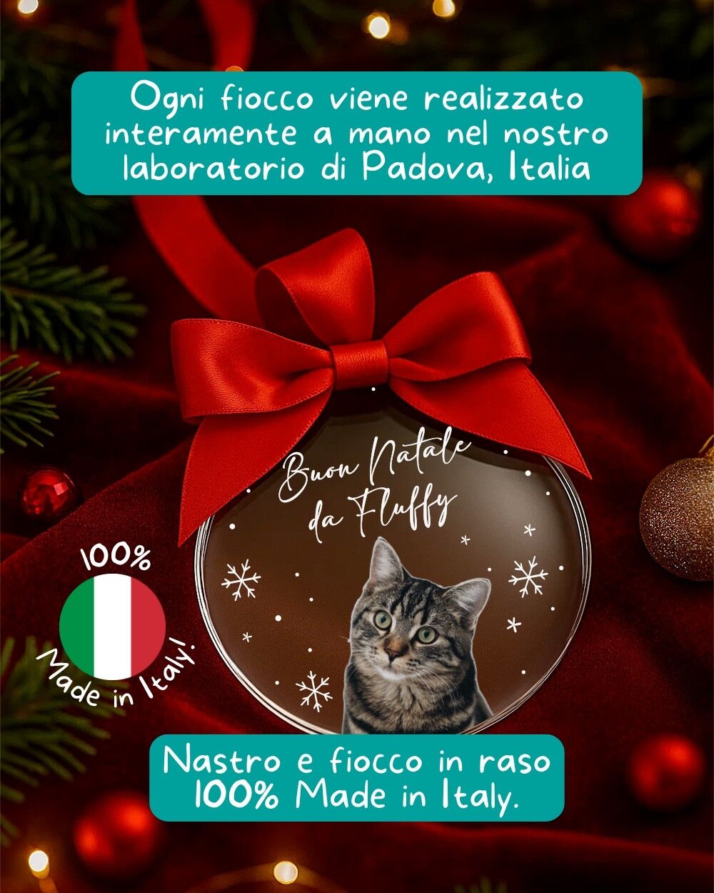 Pallina di Natale in Plexiglass, Decorazione Natalizia Personalizzata con Foto Cane o Gatto e Fiocchi di Neve - Idea Addobbo per l'Albero, Regalo Natale - immagine 3